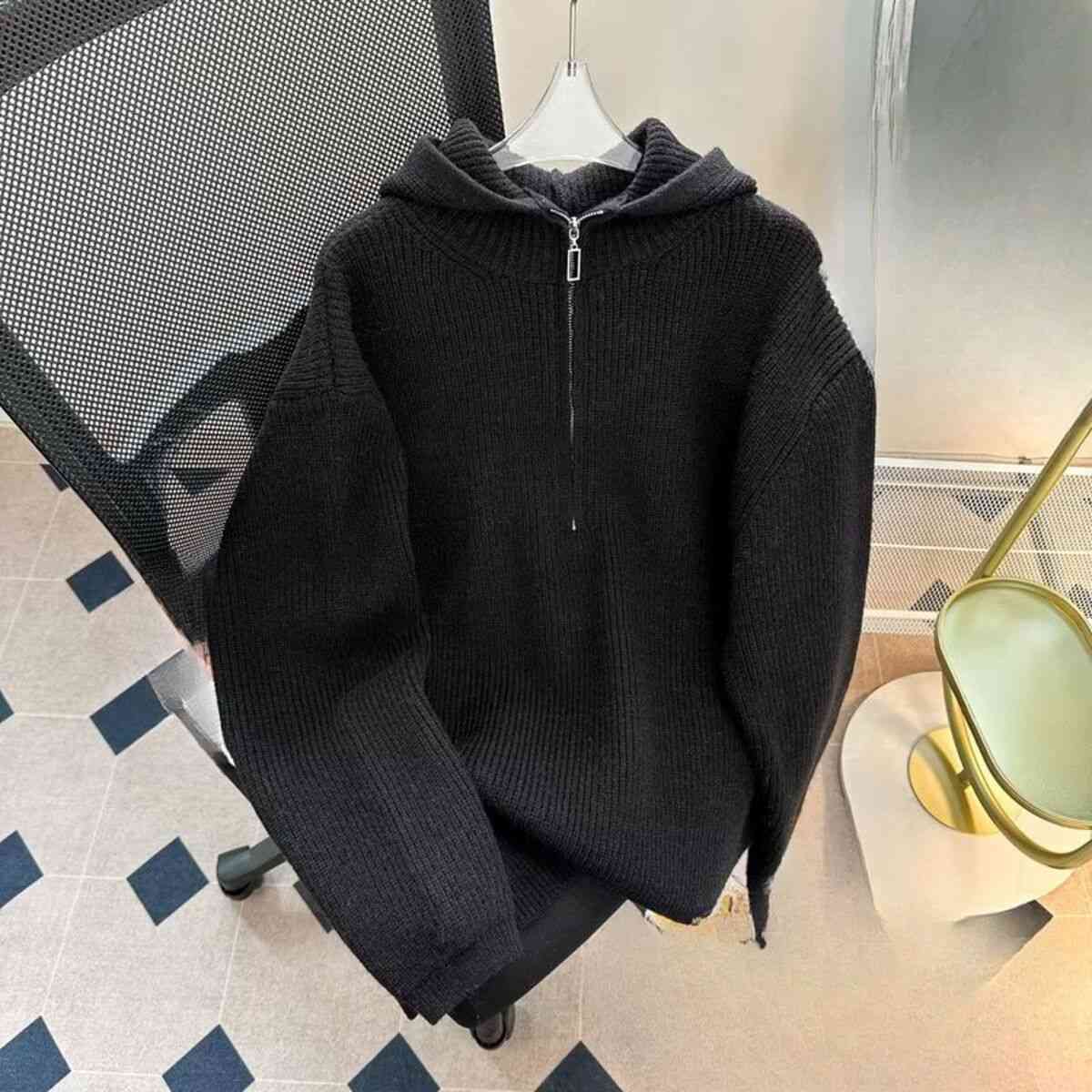 Nuovo maglione con cappuccio con mezza cerniera per uomo, maglione lavorato a maglia stile pigro sciolto di marca alla moda autunno e inverno, cappotto casual retrò_voghion.com